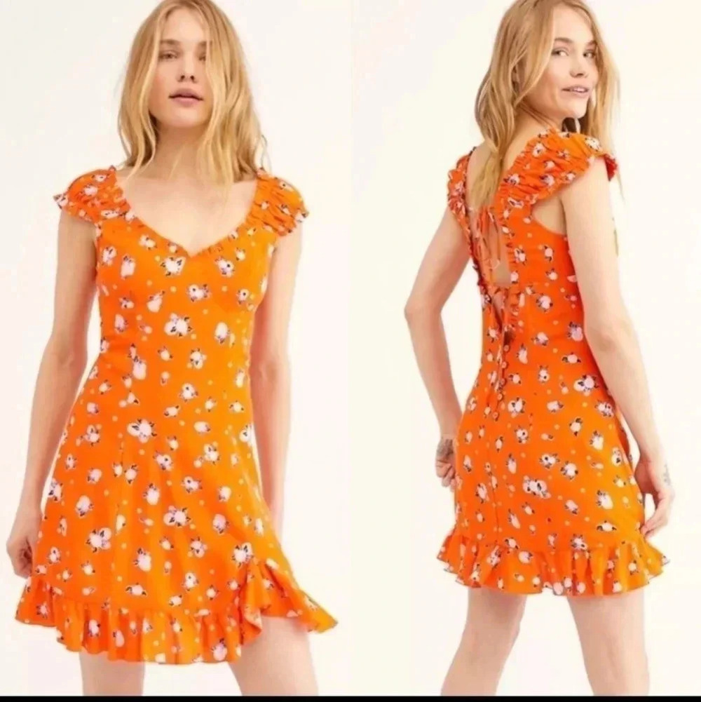 Free People Like a Lady Orange Citrus Floral Mini Dress Lace Up Back S NWT